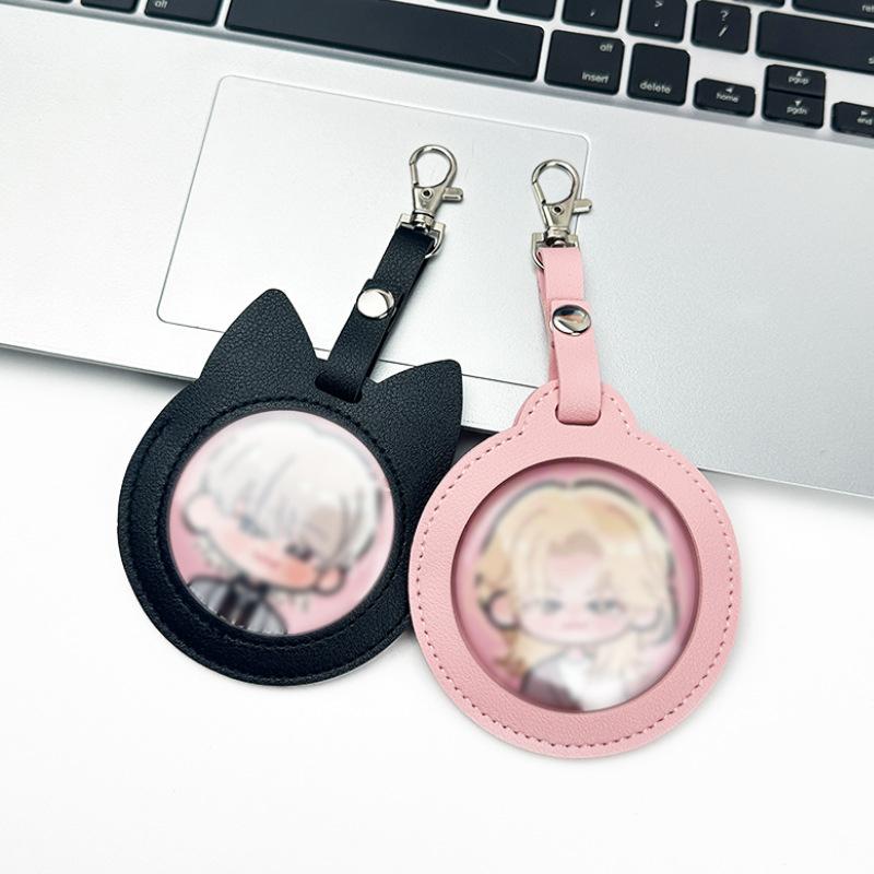 PU Leather Card Holder Cat Ear Design Cute Round Badge Reel For Work Office Travel Luggage Keychain Pendant