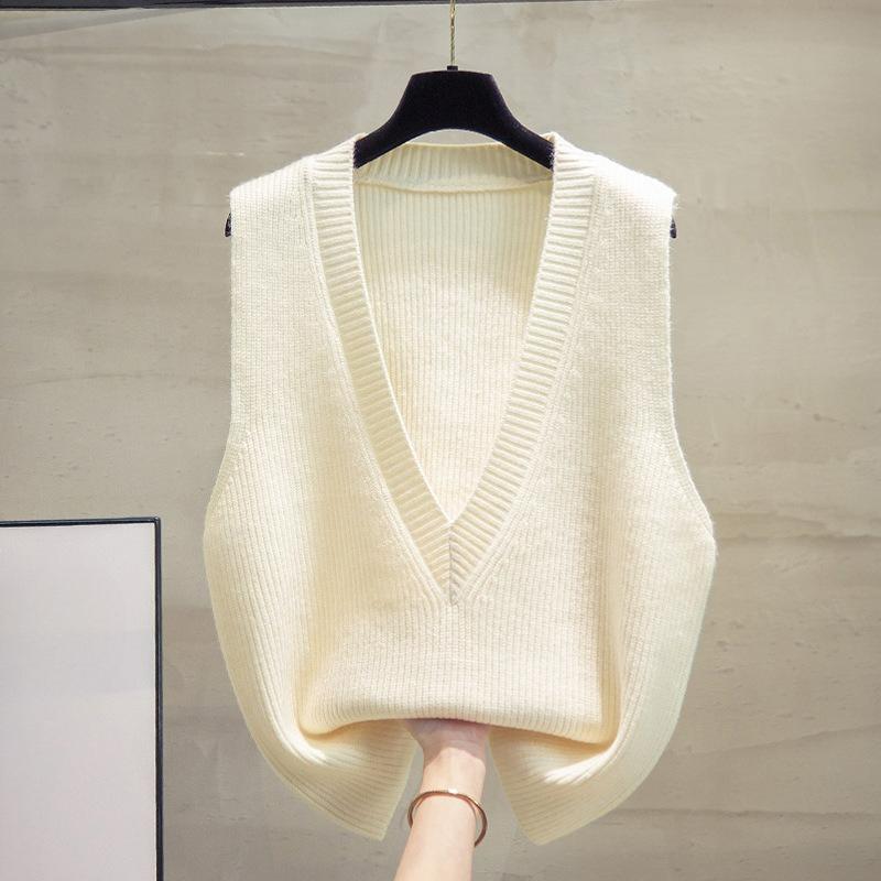 Deep V-neck Knitted Vest Vest Women's Spring and Autumn Loose Waistcoat Outer Wear Clothes Outer Sweater Waistcoat