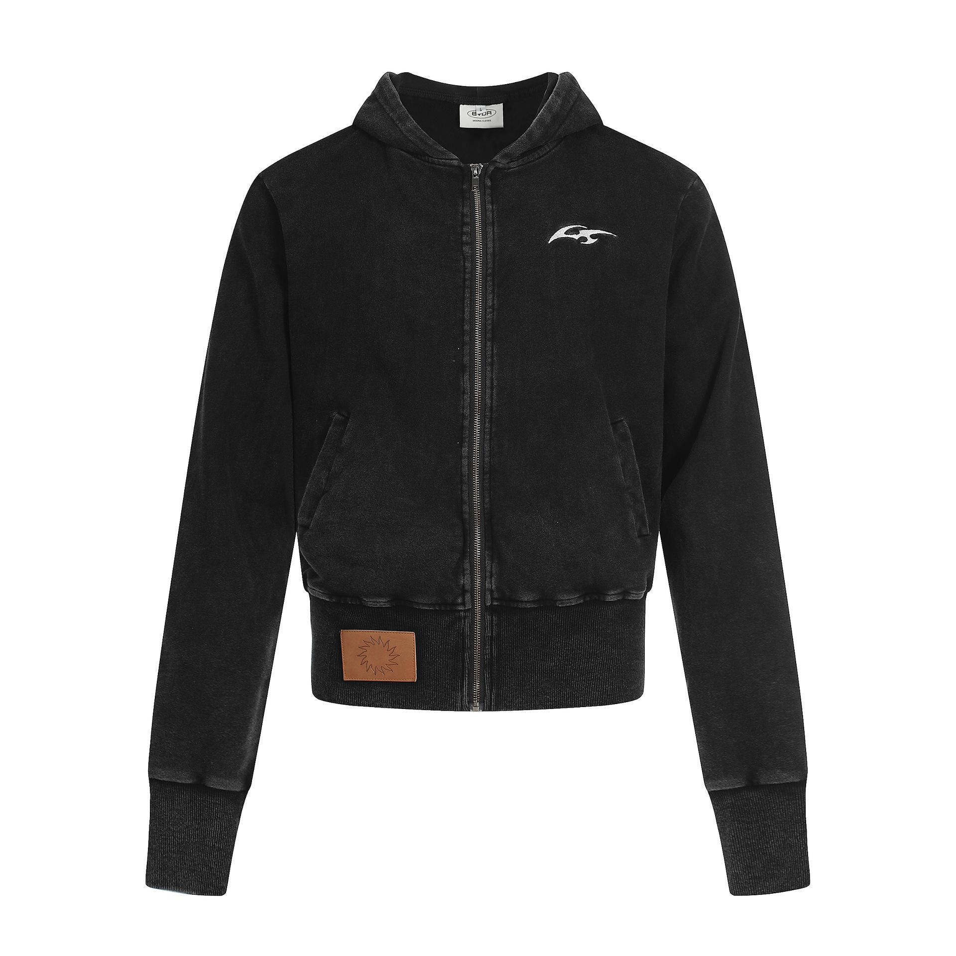 Trendy brand autumn new American retro washed old hoodie jacket short cardigan zipper sweater S чёрный