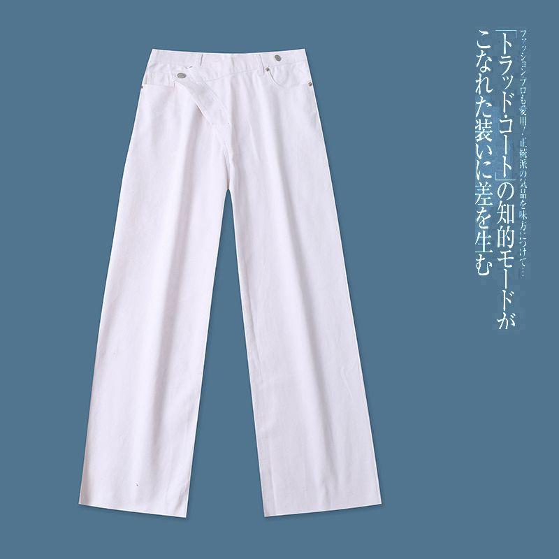 

Wide-Leg Jeans Autumn New Foreign Trade Women s Clothing Fashion High Waist Offset Placket Button Straight-leg Casual Pants 31663 White B- 12-25-1 L