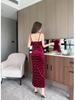 Elegant Velvet Strappy Midi Dress with High Slit and Low-Cut Design