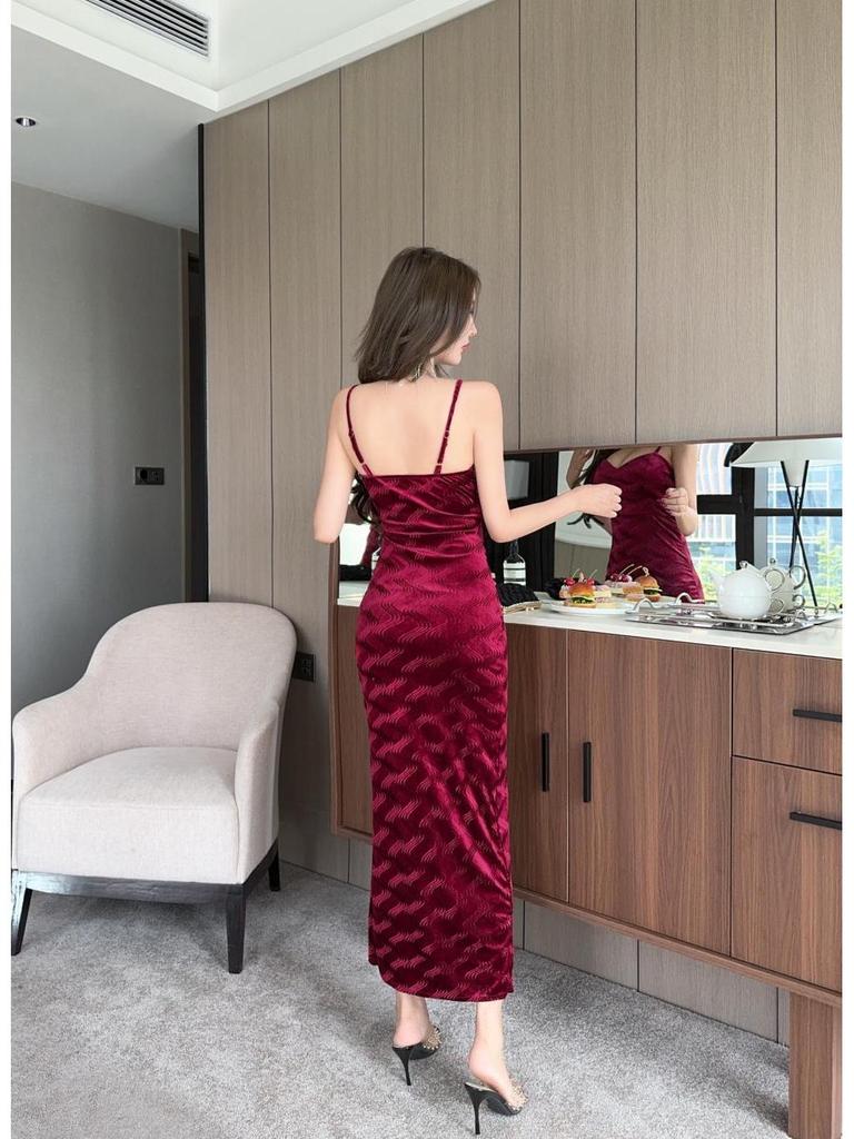 Elegant Velvet Strappy Midi Dress with High Slit and Low-Cut Design