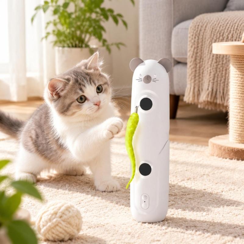 Rechargeable Moving Housecat Toy with Dangling Yellow Teaser, Push-Button Control, Flashing Light Effect, ABS Body, and Internal Battery