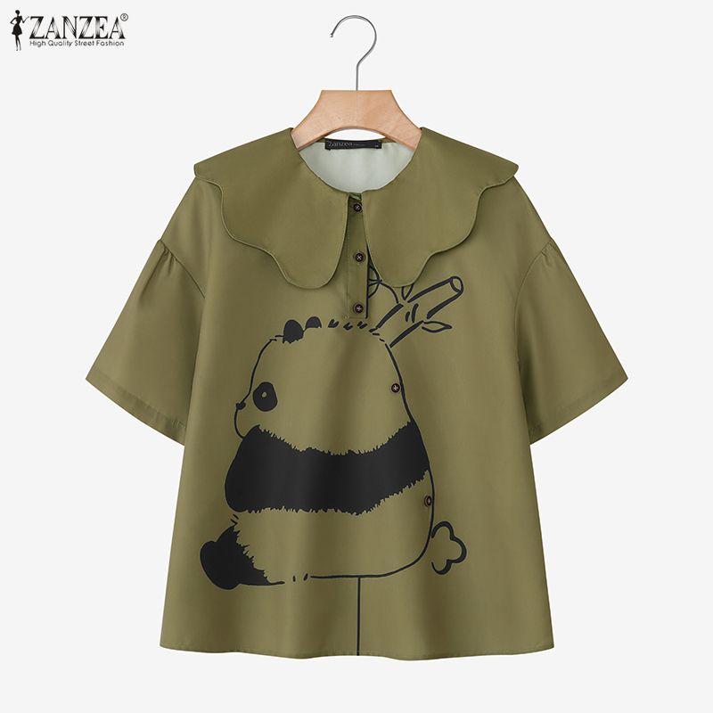 ZANZEA Women Casual Doll Collar Summer Half Sleeve Print Blouse