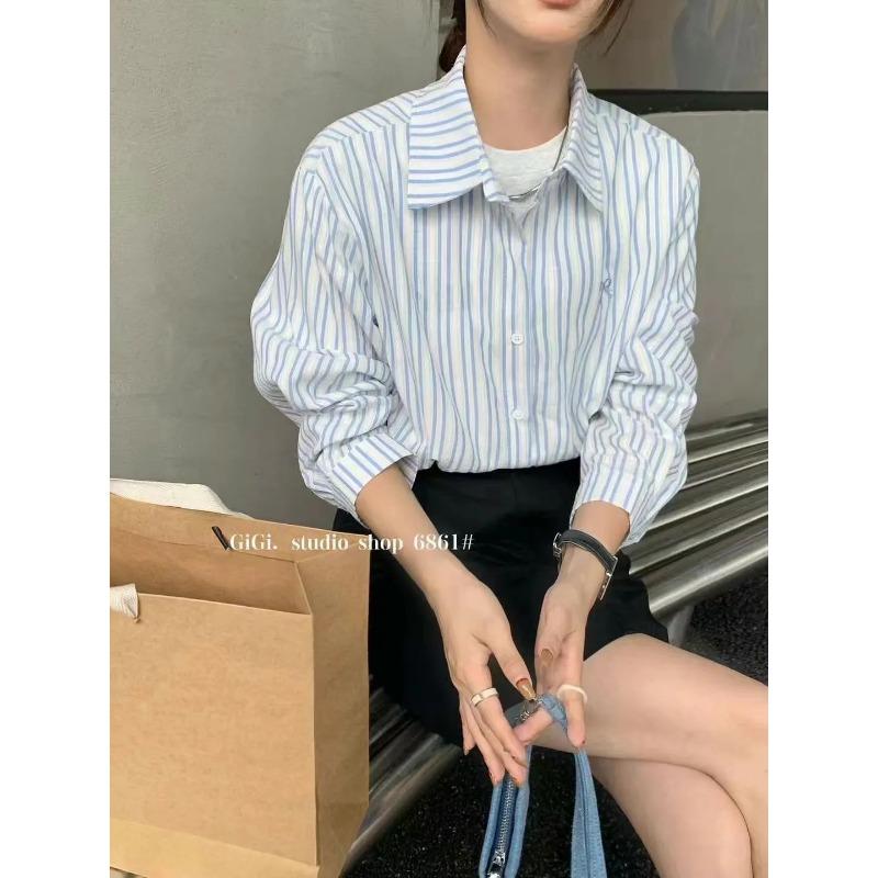 Womens Blue White Striped Bow Embroidered Long Sleeve Button Down Shirt