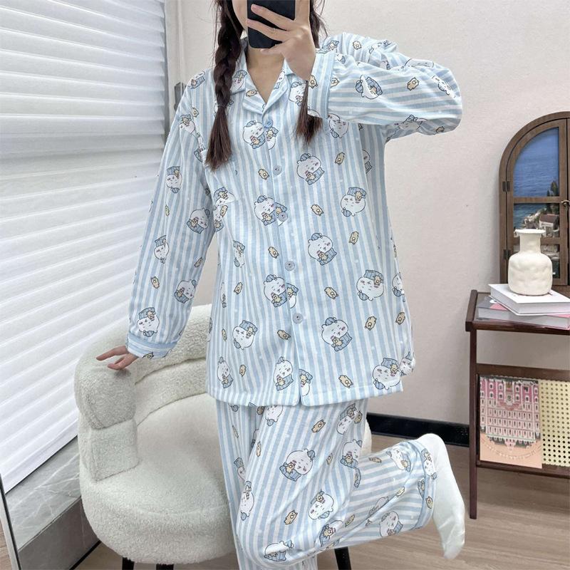 "Cute Dog Dachshund" ins cartoon spring and autumn striped pajamas women's cardigan long-sleeved loungewear autumn and winter suit