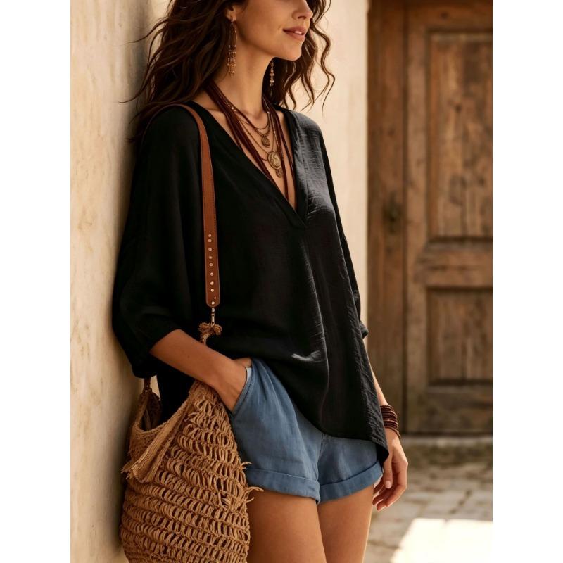 Women V Neck 3/4 Sleeve Linen Cotton Blouse Loose Casual Solid Color Summer Tops