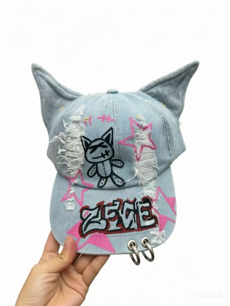 Donker Punk Konijnenoren Vizierpet Denim Gat Baseballpet Dames Trendy Ketting Hip-Hop Gepersonaliseerd Abby Stijl 58 gray