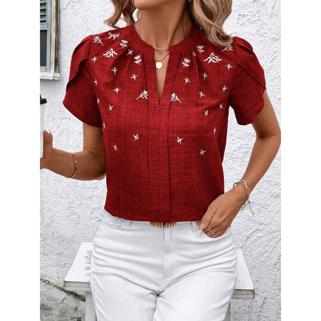 GMXIA Spring Summer Semi-open Collar Short Sleeve Shoulder Crepe Pullover Solid Color Printed Inch Shirt T Top Women