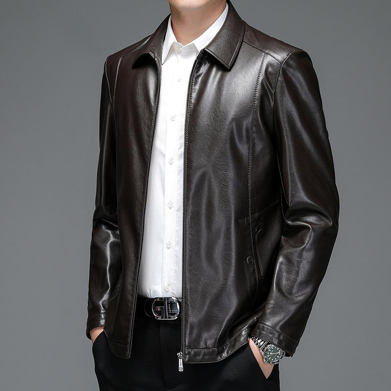 Autumn Genuine Leather Jacket Men's Slim Short Lapel Leather Jacket Middle-aged and Elderly Men's Genuine Leather Jacket