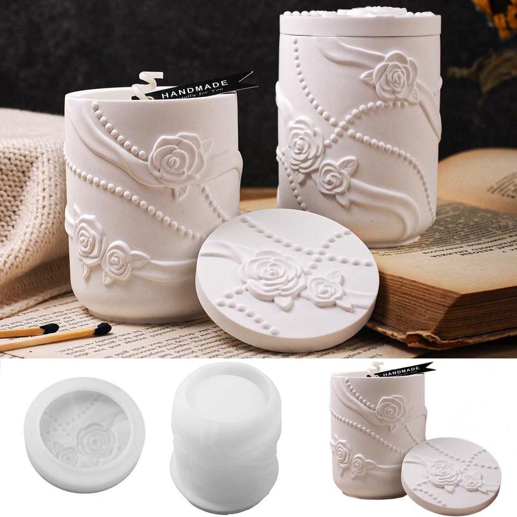 Pearl Ribbon Rose Candle Jar Silicone Mold DIY Relief Flower Shape Storage Box Making Molds Plaster Resin Vase Home Crafts Decor