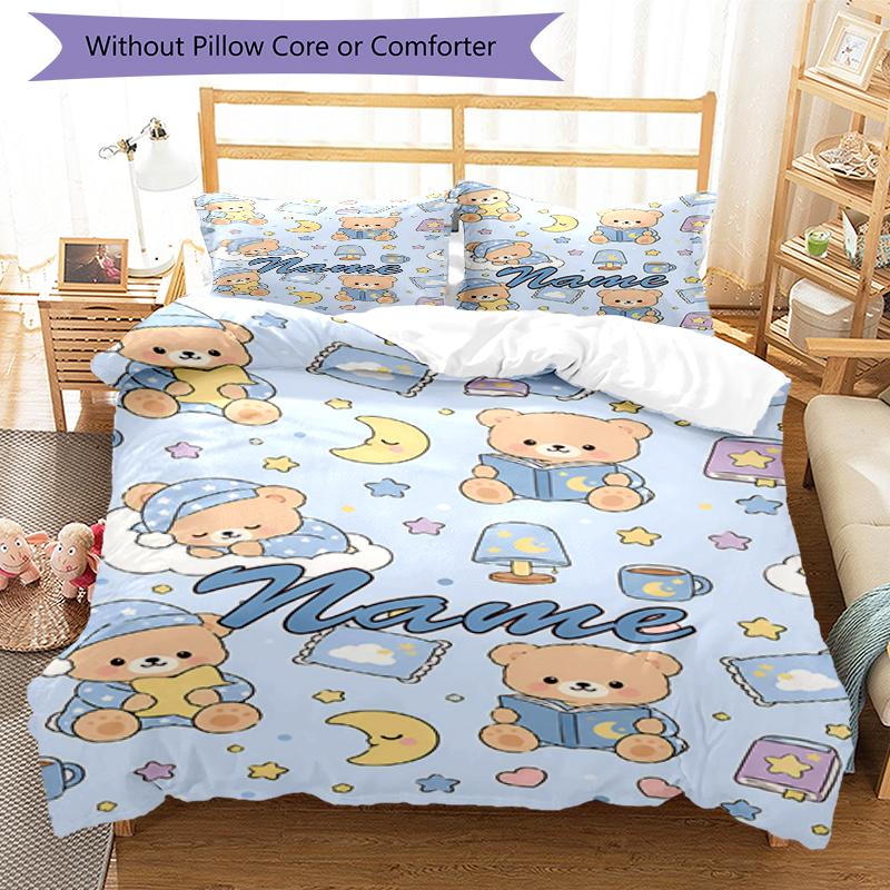 Conjunto de Roupa de Cama com Urso e Nome Personalizado 3 Peças Capa de Edredom com Fecho Inclui 1 Capa de Edredom e 2 Fronhas, Macio e Confortável para Todas as Estações.