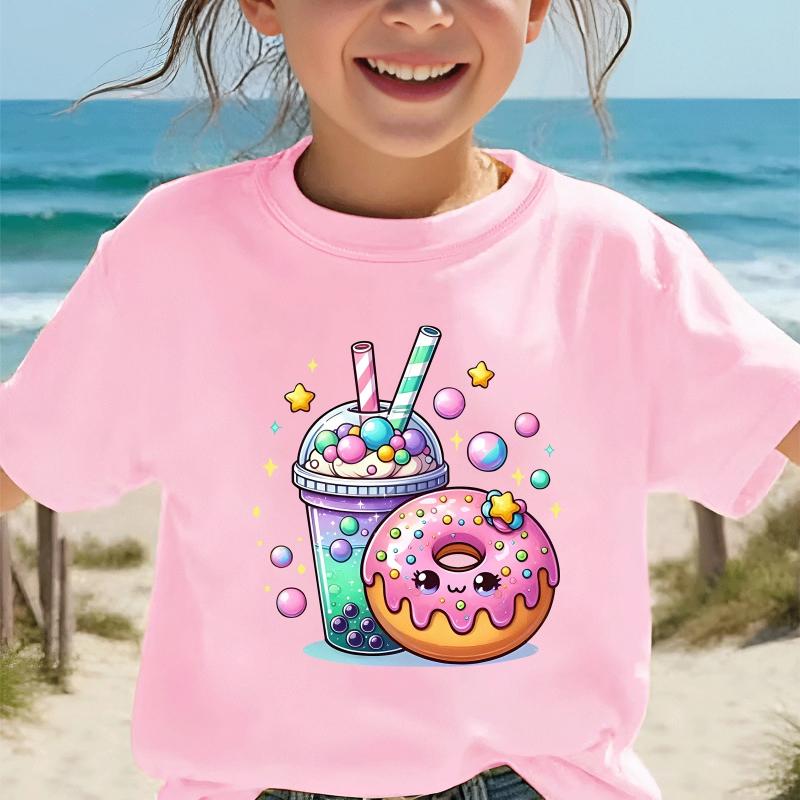 A White Short-Sleeve Top with a Sweet Milk Tea Donut Star Pattern, Perfect for Girls To Wear In The Summer