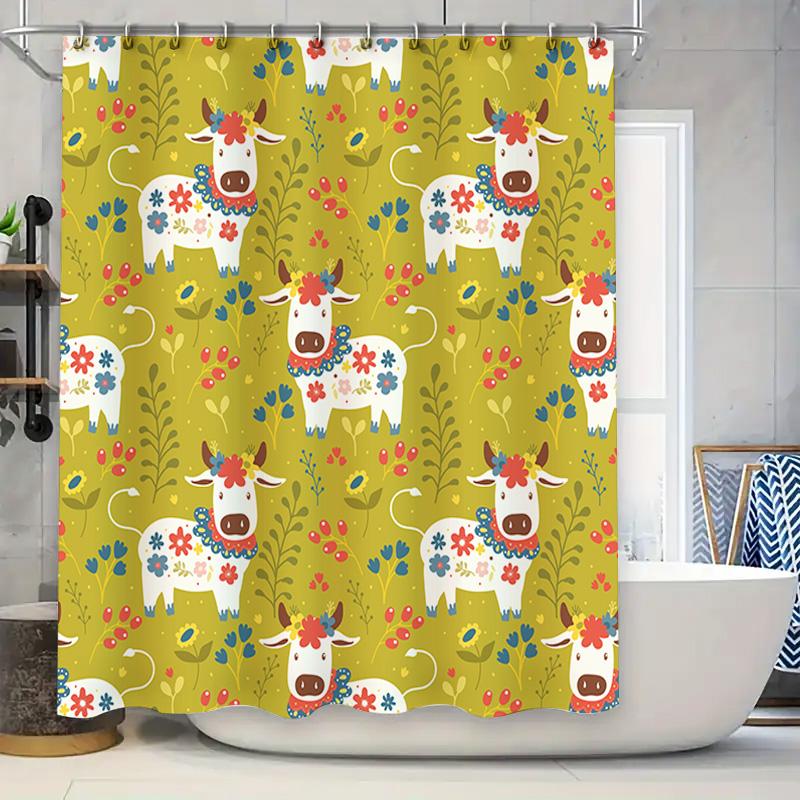 

Vibrant Floral Cow Pattern Shower Curtain for Home Decor Waterproof Fabric Bath Rug Set with Rod Pocket Hook Various Sizes Avail 90x180cm
