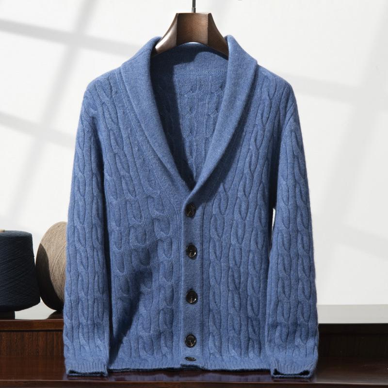 Men's Soft Cashmere Cardigan: Skin-Friendly, Thick Cable Knit, Shawl Collar Sweater.