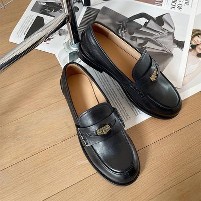 Hand-polished Gold Coin Loafers Women's British Small Leather Shoes Design Sense Niche Retro Thick Heel Bright Leather Round Head Single Shoes