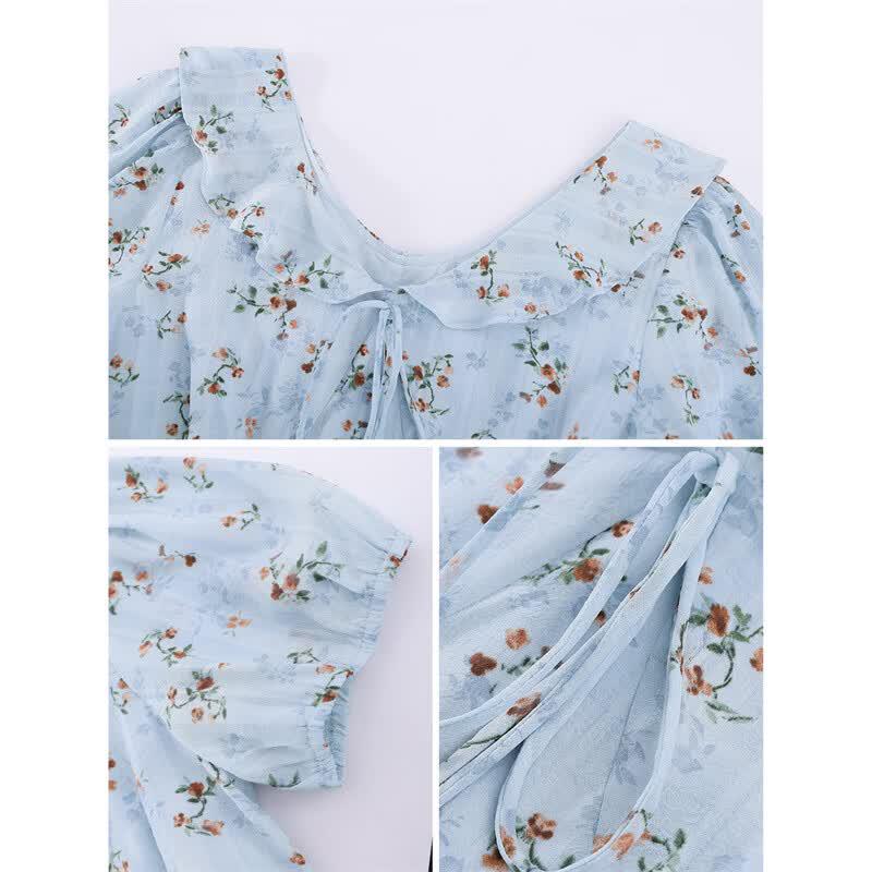 French Elegant Ruffle Tie-Waist V-Neck Printed Midi Dress