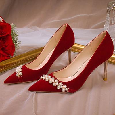 Spring and Autumn New Women's Pearl Chinese Bridal High Heels Fashion Trend Thin Heels Pointed Shallow Mouth Pumps Wedding Shoes