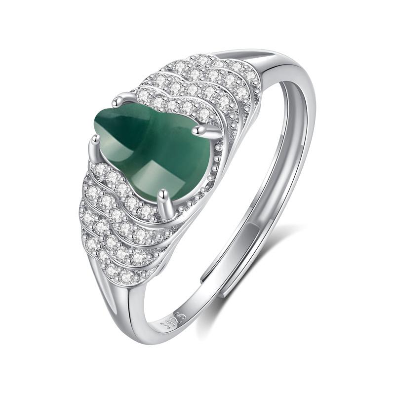 

New Chinese natural blue water jadeite gourd ring, full of diamonds and flash s925 sterling silver opening does not fade ring women opening adjustable