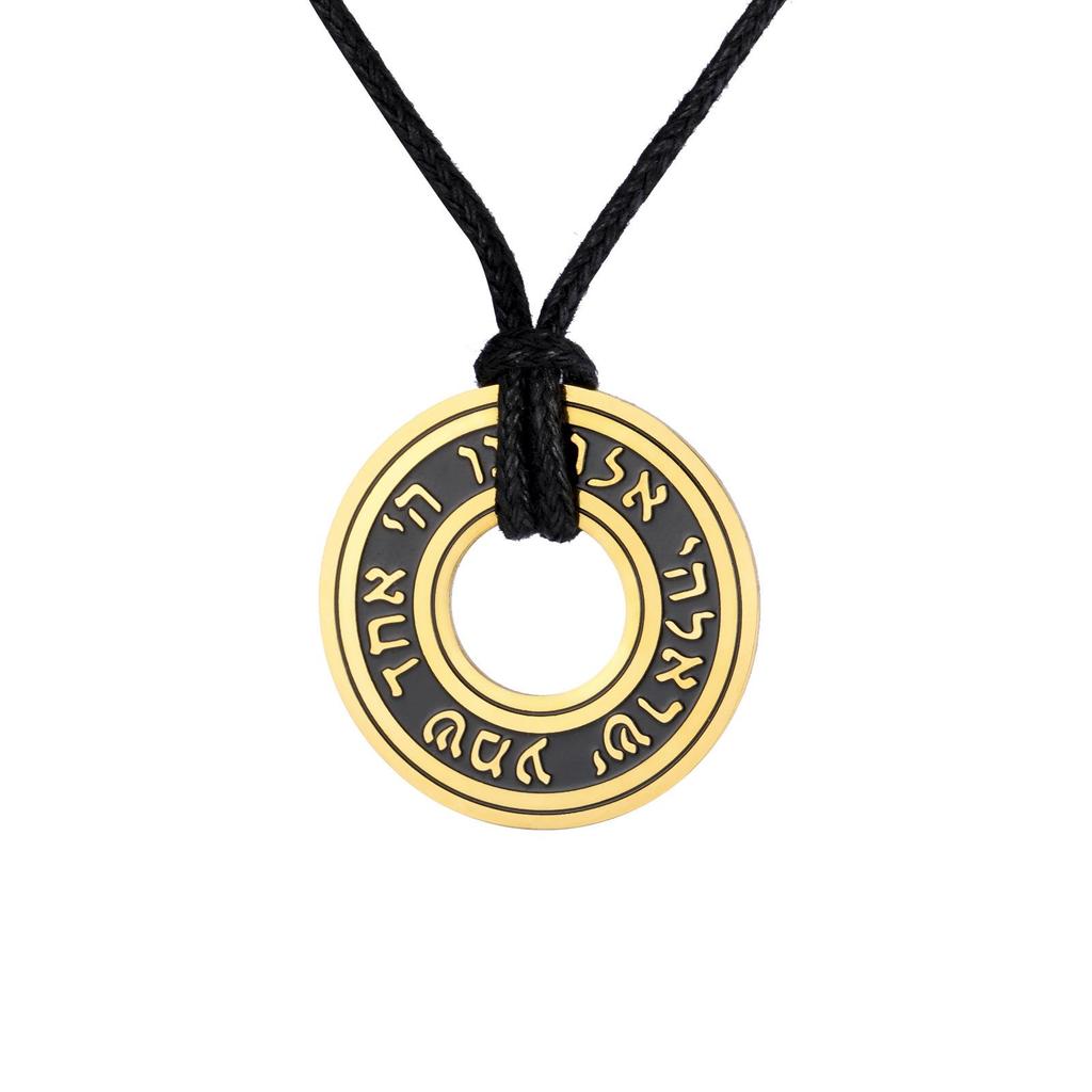 Retro Rune Cutout Ring Pendant Necklace In Blackened Titanium Steel with Leather Cord
