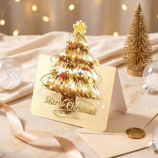 Holiday Gift Exchange Supplies 10 Pcs 3D Christmas Tree Greeting Cards, Postcards Festive Cards for Relatives Friends Bulk New Year, Winter Xmas Party