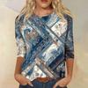 Trendiges Vintage 3/4-Arm-Oberteil für Damen, lässige Damen-Dreiviertelarm-Rundhals-T-Shirt-Bluse mit Aufdruck