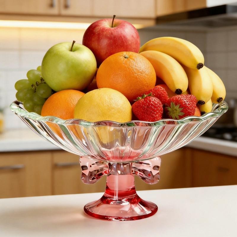 Handmade Clear Glass Serving Platter Decorative Bowknot Detailing And Elevated Base Great For Gift Giving