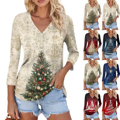 Damen Casual Mode Sexy Bequem Weihnachts-Print V-Ausschnitt Knopf Dreiviertelarm Oberteil