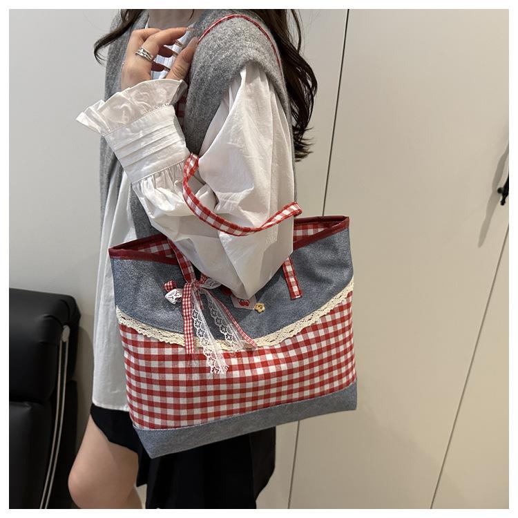 Korean Style Plaid Denim Shoulder Bag Sweet Bow Knot Crossbody Tote for Women CLE