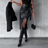 Pu Leather Skirt Women's Mirror Leather Slit Sexy Hottie Medium and Long Skirt