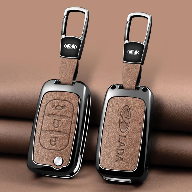 New Zinc Alloy Leather Car Key Cover, For Lada Vesta Granta Xray Kalina Priora Sedan Sport, Protected Keychain Bag, Accessories