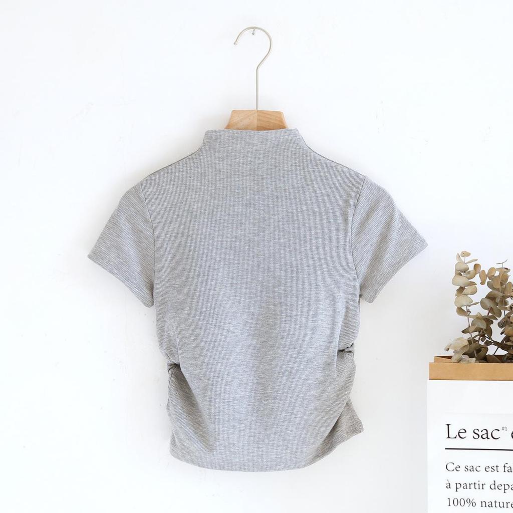 Women's Slim High Collar Short Sleeve T-Shirt with Chest Pads