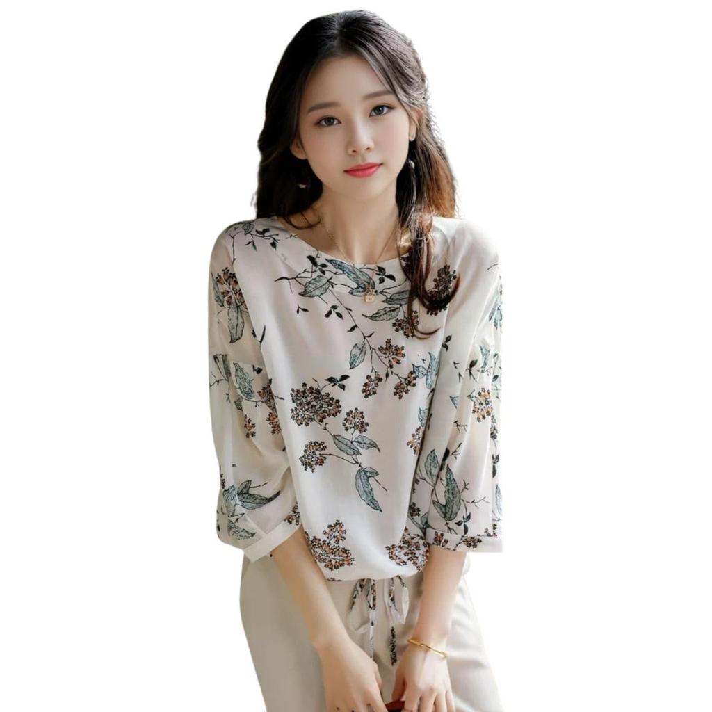 Botanical Print Chiffon Drawstring Sheer Sleeve Balloon J-Scott 3/4 Blouse, White, JS48-WH-XL
