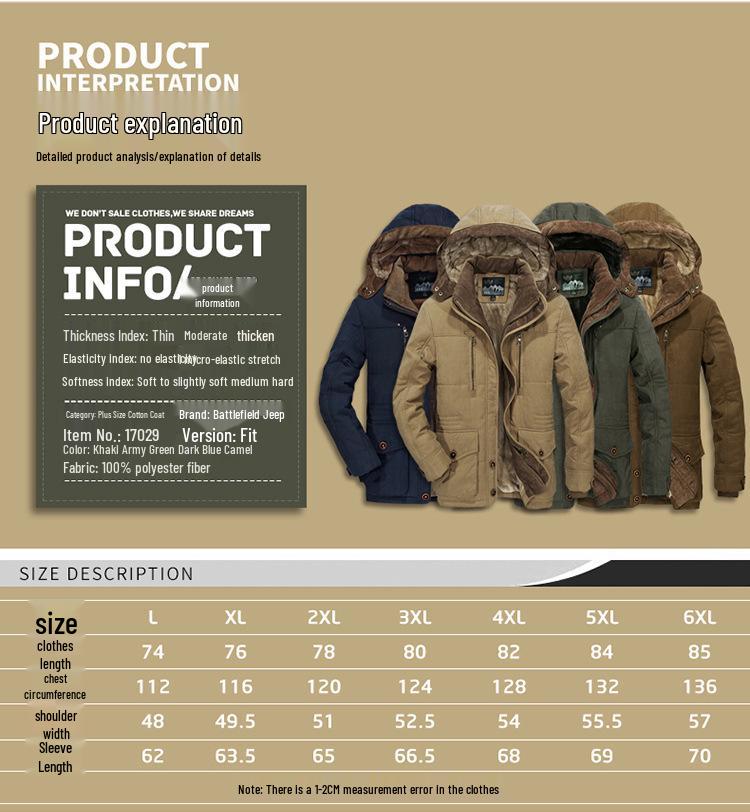 Men's Mid-Length Winter Cotton Coat with Velvet, Multi-Pocket, Thickened, Plus Size - Ideal for Middle-Aged and Elderly