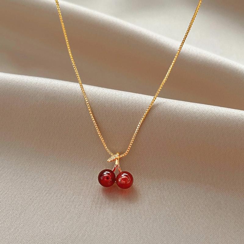 Fashionable Red Cherry Pendant Necklace with 40+5cm Adjustable Chain Lightweight Choker Jewelry Birthday Gift
