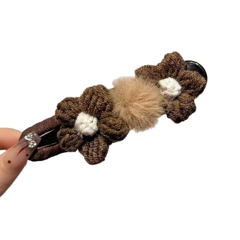 Autumn-Winter Milk Coffee Knitted Floral Hair Clip for Half Updo - Elegant Headwear Accessory