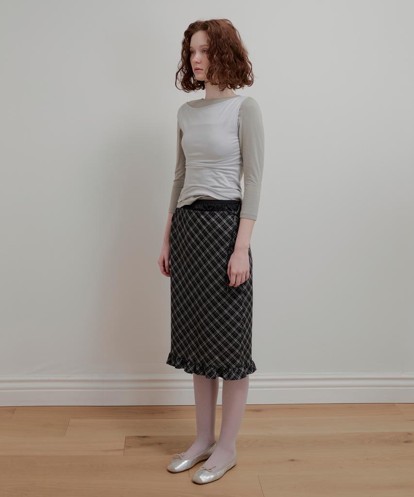 Aobteu Frill Layered Check Skirt - Black