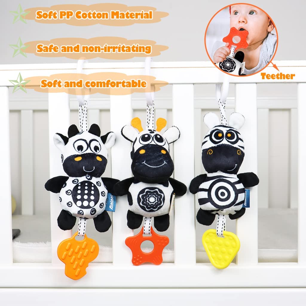 3 Pack Hanging Rattle Toys,Cartoon White Black Stuffed Stroller Plush Toys for Newborn 0-18 Month Baby Bed Crib Toys with Wind Chimes (Zebra,Deer&Cow)