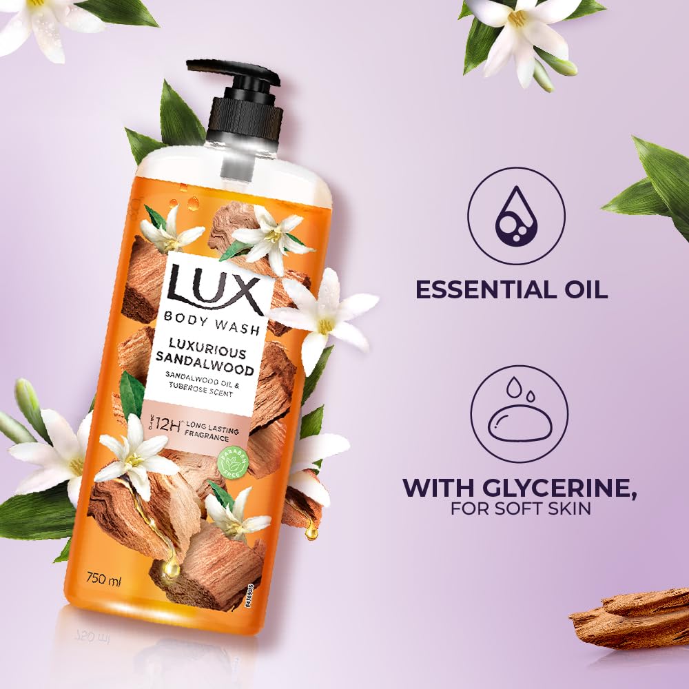 Lux Sandalwood Oil And Tuberose Scent Body Wash 750 Ml | Luxurious Moisturizing Bath Gel For Soft Skin And Long Lasting Floral Fragrance