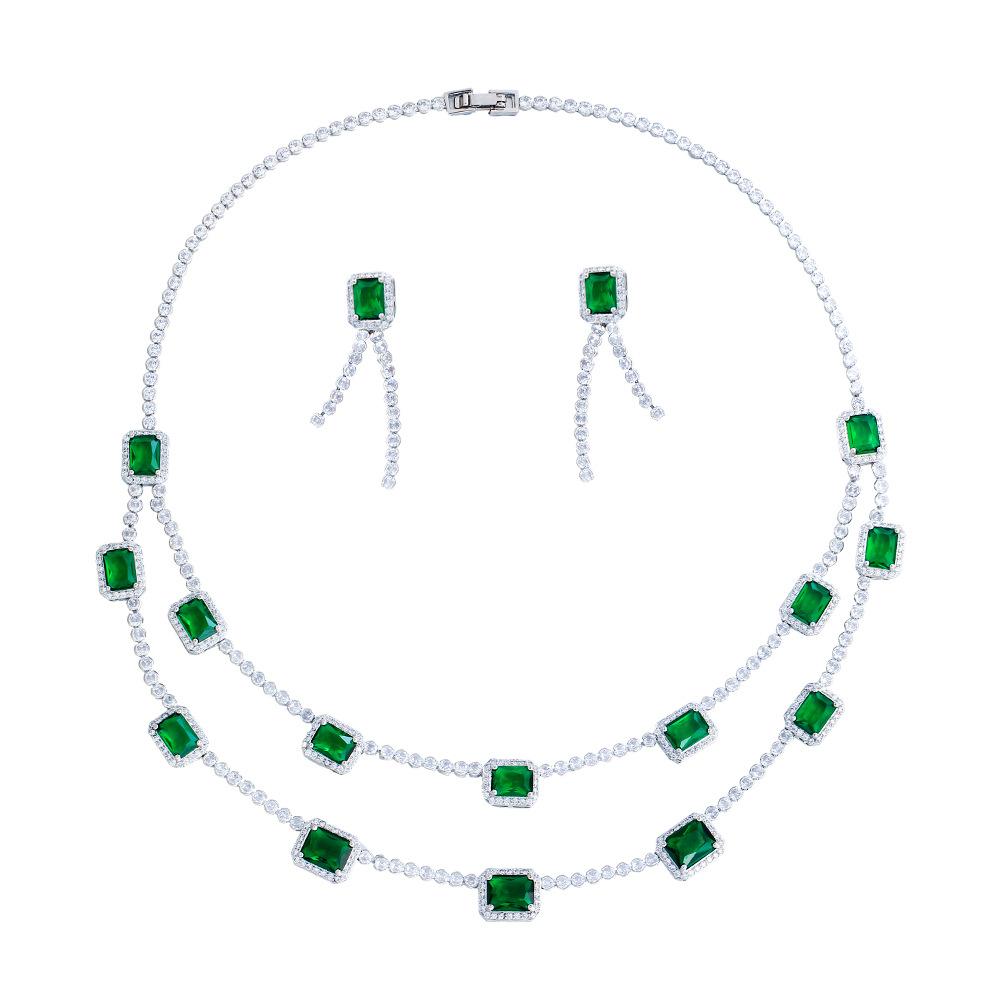 Light High-End Emerald Double-Layer Retro Necklace Earrings Set Luxury Zircon Collarbone Chain Set Chain