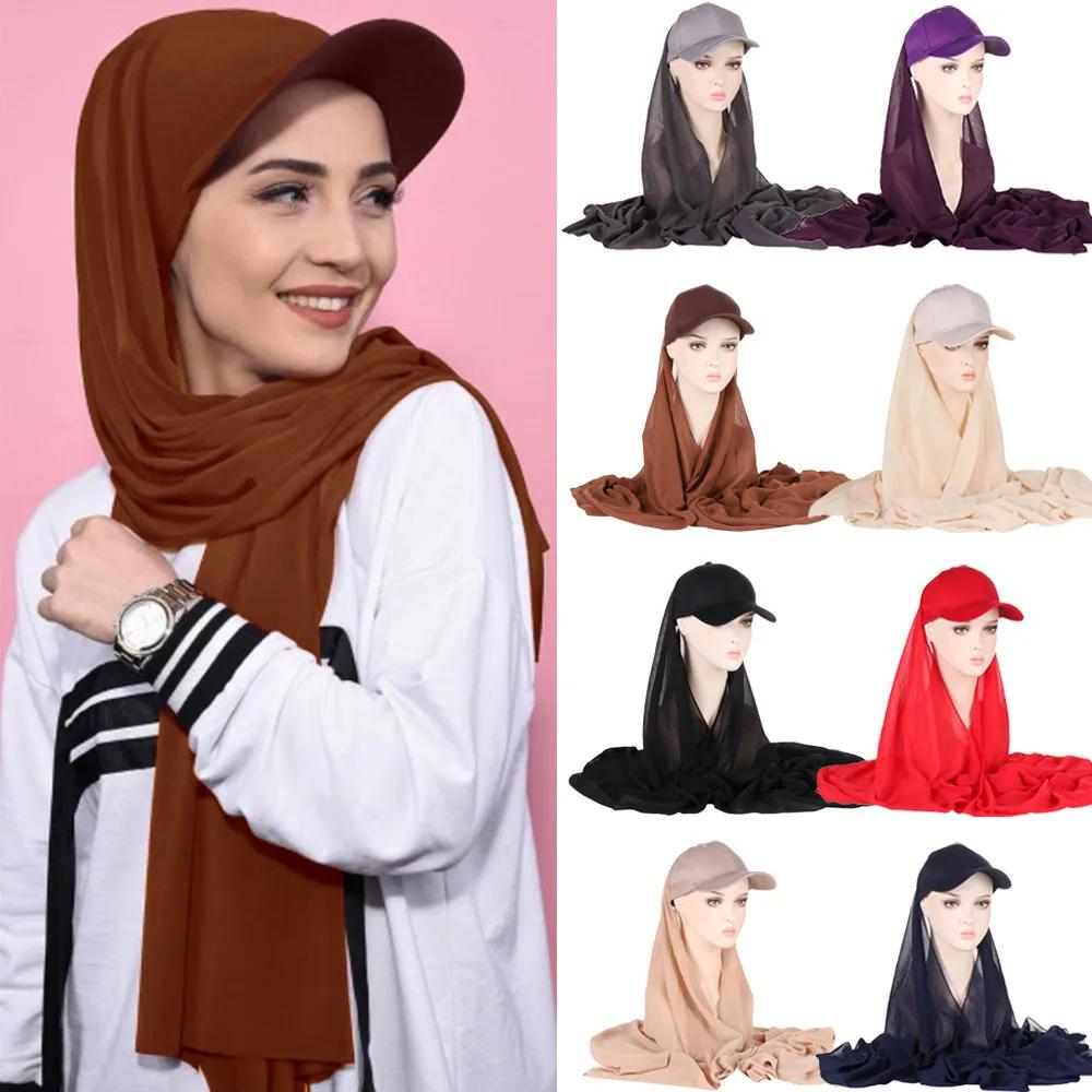 Bubble Pearl Chiffon Shawl with Baseball Cap Hat Wrap Veil Instant Hijabs Bandana Turban Muslim Women Ready To Wear Head Scarf