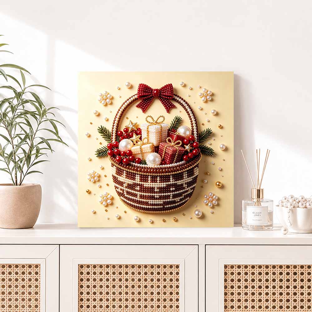 Pearl painting Christmas art kit DIY basket with gift boxes and red berries home decor painting