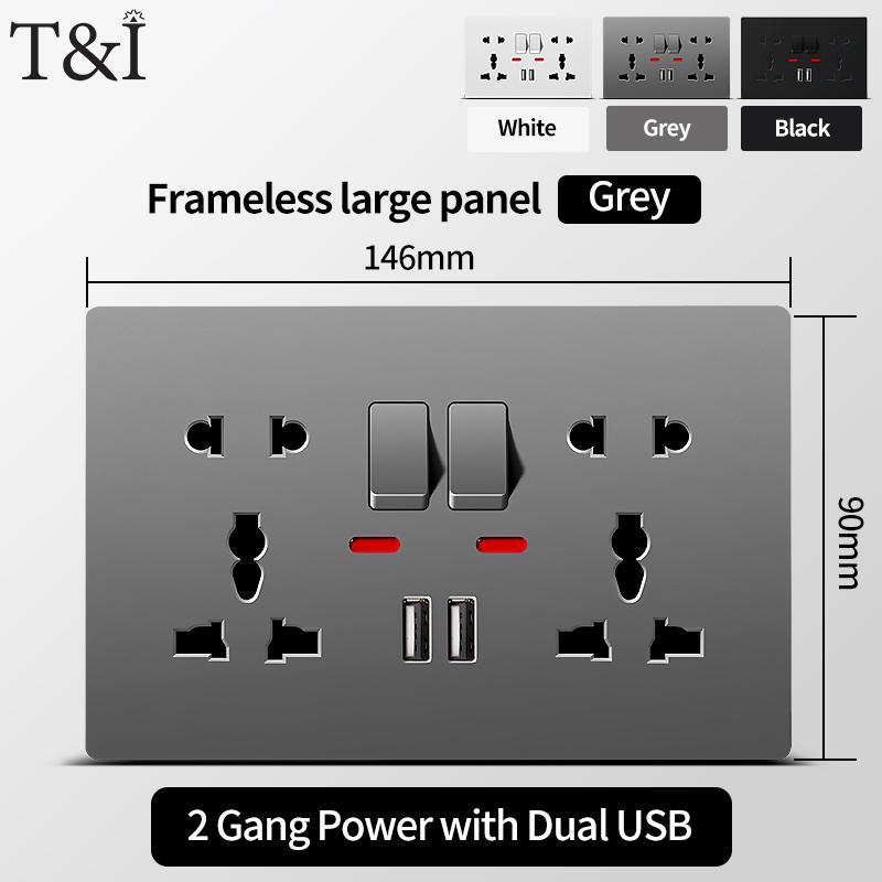Universal Wall Socket with USB-C USB Charger & Switches- 2 Gang Power Outlet With LED, Flush Mount, AC 110-250V
