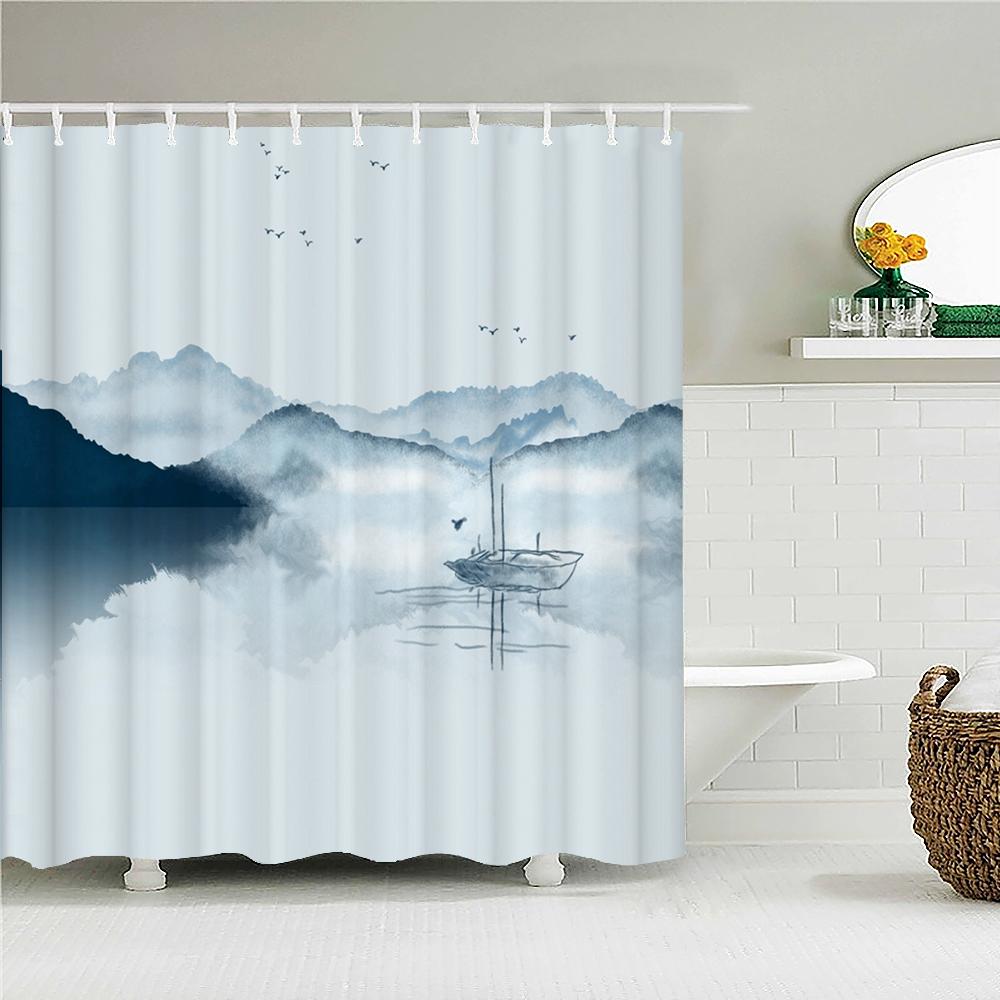 High Quality Shower Curtain Printing Chinese style Ink landscape Waterproof Bathroom Curtains Decor Polyester Fabric with Hooks