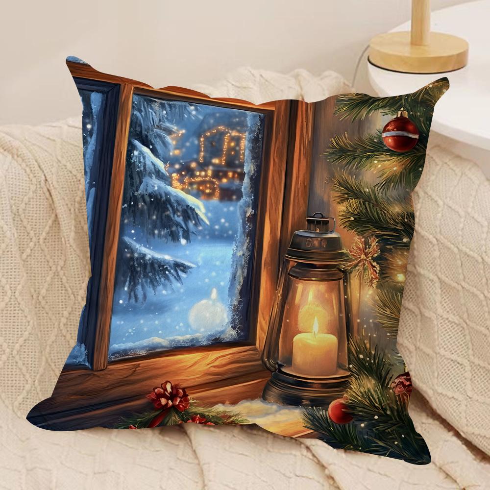 Christmas Window Snow Cushion Cover Silky Short Plush Invisible Zipper Dustproof Sofa Pillow Case For Home Decor