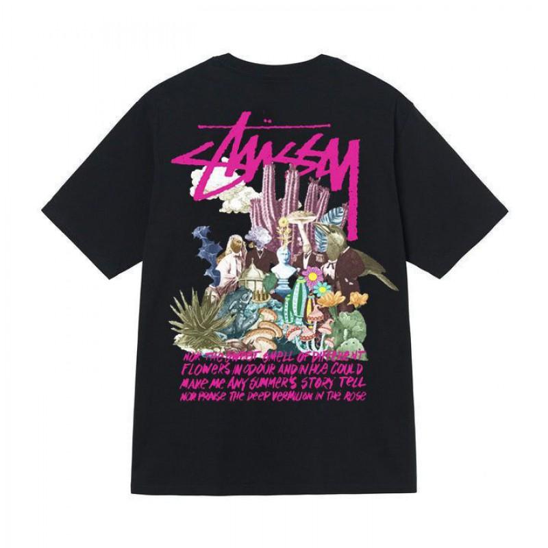 Stussy Style Mens Loose Fit Cotton Crew Neck Short Sleeve T-Shirt With Cartoon Print Casual Tee