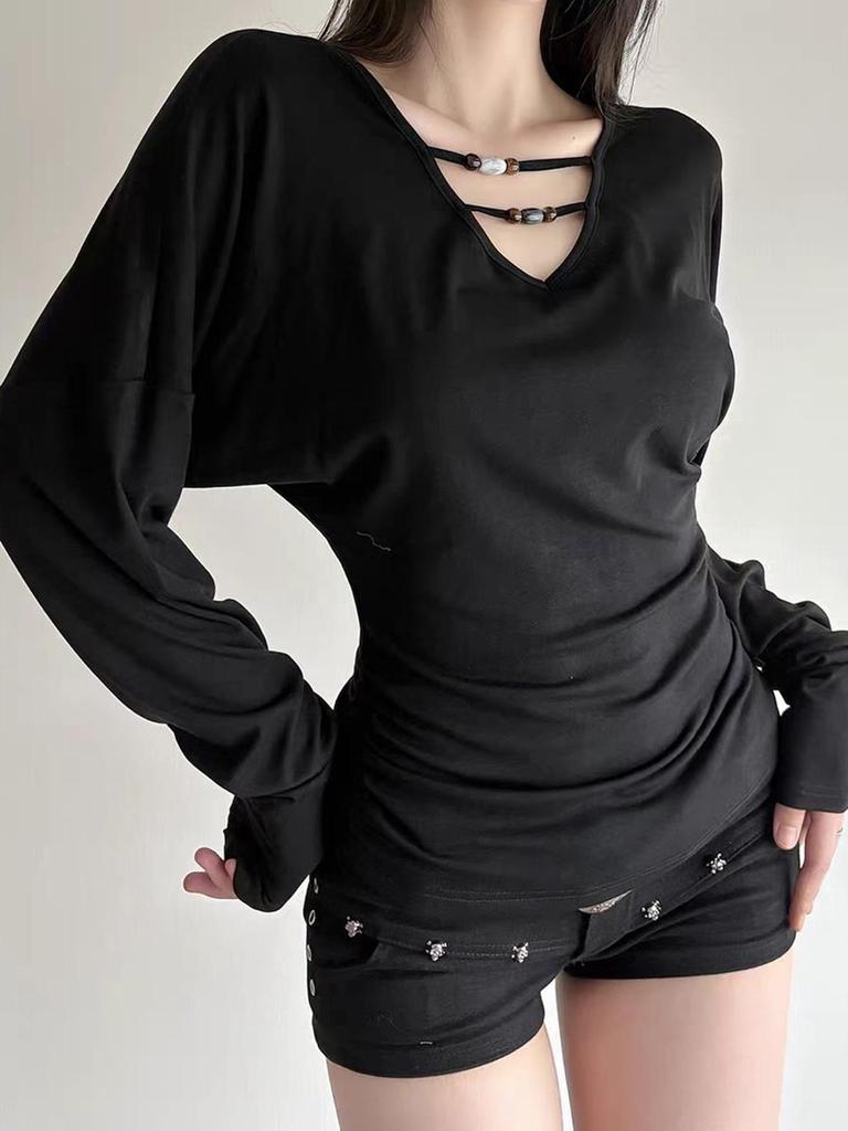 KaiKuo Y2K Style Slim V-Neck T-shirt - Women's Autumn/Winter 2025 Collection