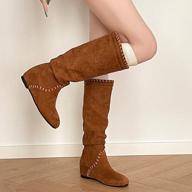2025 new fashion splicing casual round head knight boots women's autumn and winter retro European and American height-increasing and thin fashion