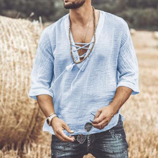 V-Neck Solid Color Men Shirt Lightweight Front Lace Up Half Sleeve T-shirt Male Clothing