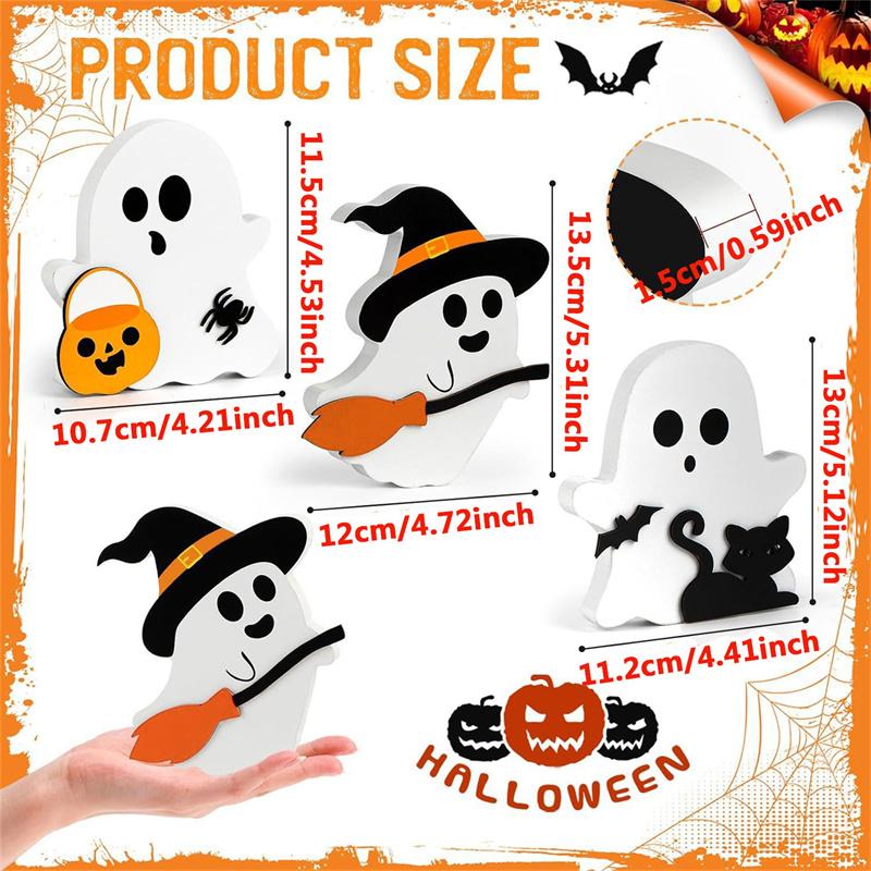 Niedliche Geister-Halloween-Dekoration für den Innenbereich, gruselige Deko, Holztablett-Dekor, Tischschild, schwarzer Katzenbesen, Kürbisblöcke für Partys, Zuhause, Regaldisplay